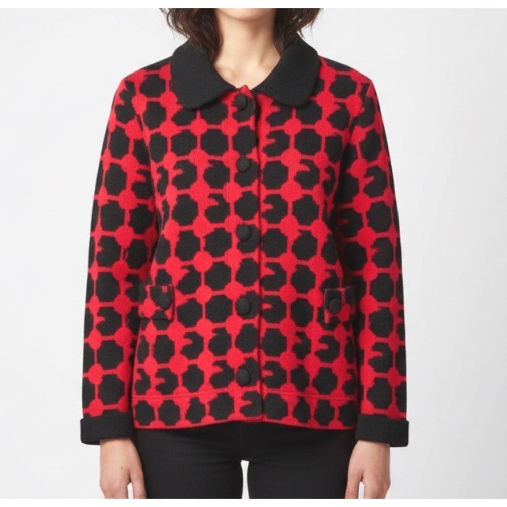VTG CAPRICE Red/Black Knit DOTS/CHECK PRINT 3/4 SLEEVE Button SWEATER CARDIGAN L